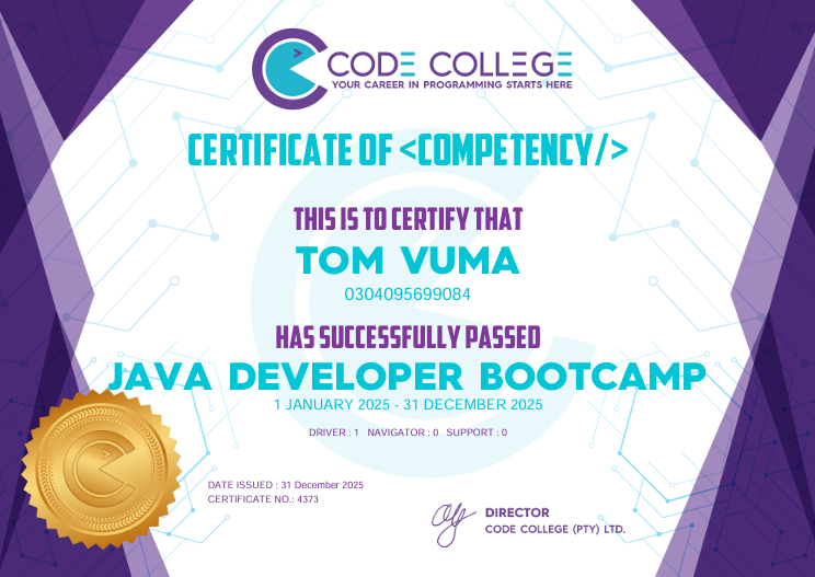 Java Developer Bootcamp Certificate