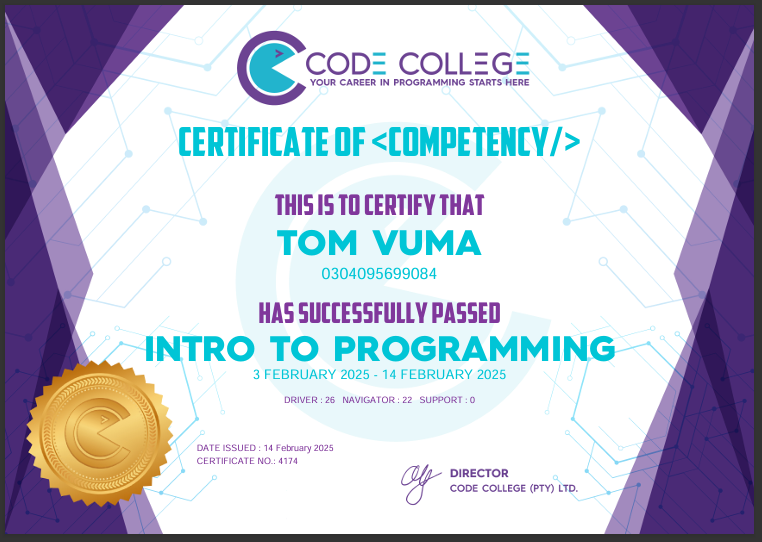 Intro to Programming Certificate