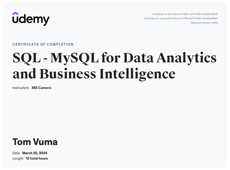 Udemy SQL Certificate